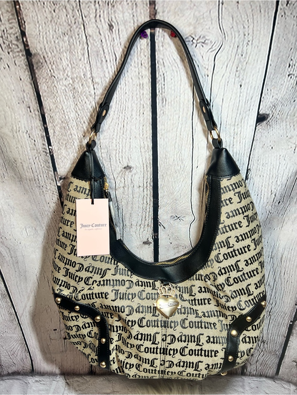 Juicy Couture Black and Cream Logo Print Hobo with Heart Charm